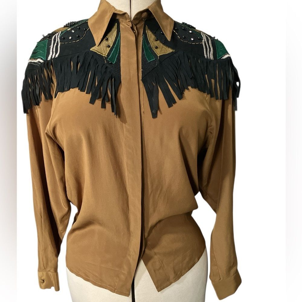 Vintage Western Shirt Size 8 Silk Leather Embroidered Fringe